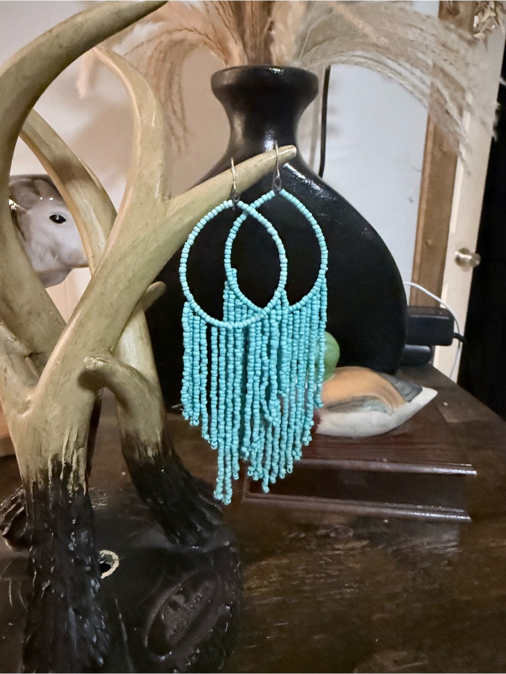 Turquoise Beaded Fringe Hoop Earrings - Stylish Women Jewelry